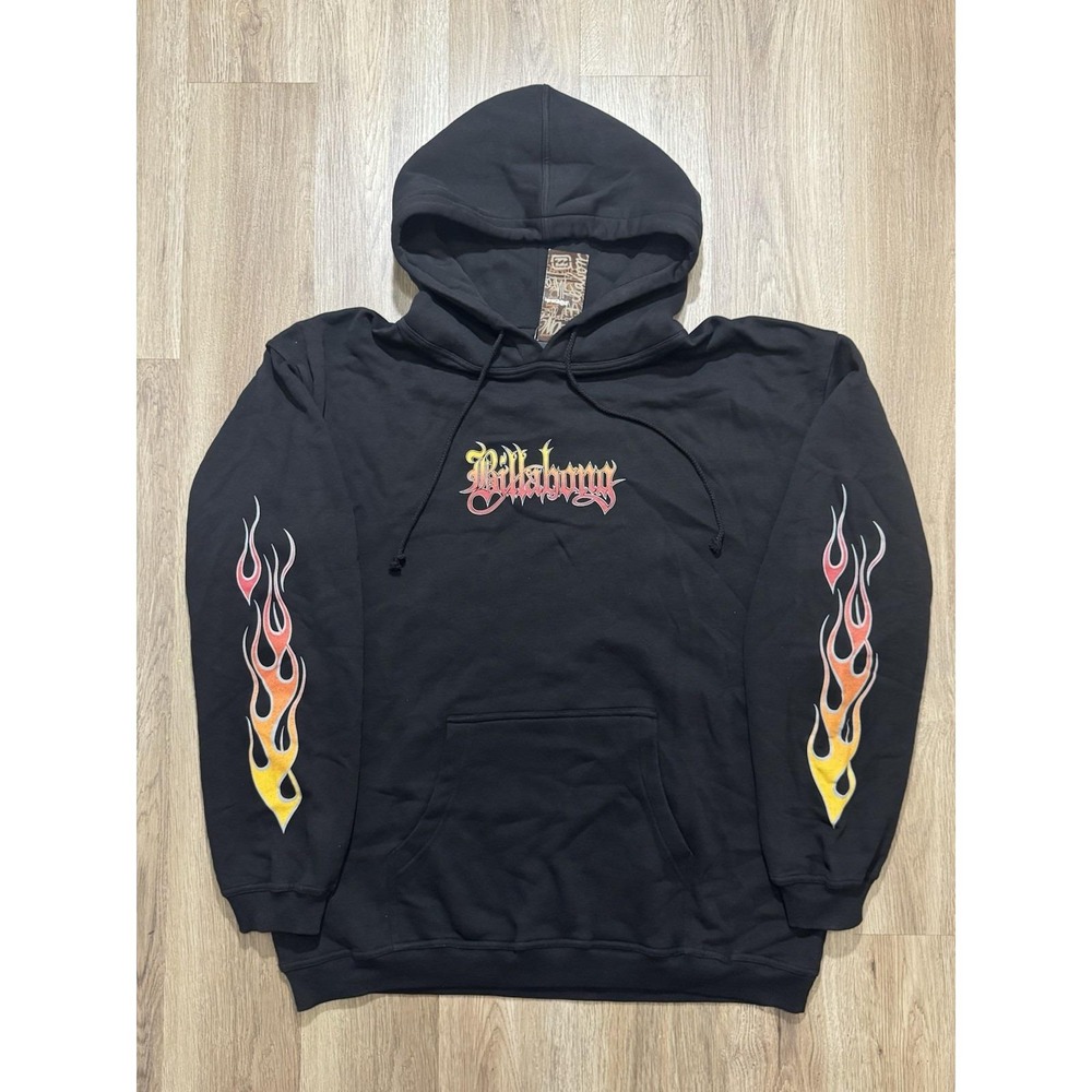 Y2K Billabong Surfing Flame Logo Black Hoodie Size L - Picture 2 of 8